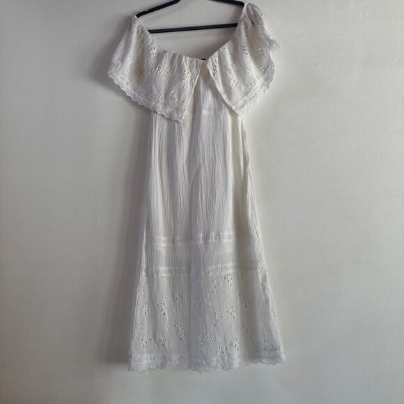 Free People Romantic off the shoulder Embroidered Cotton Midi Dress Ivory Sz XS - Picture 6 of 7